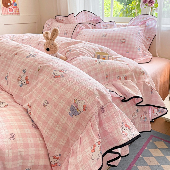 91家纺网 家纺一手货源 找家纺 海岛哥哥 2025新款韩式ins风黑边花边木棉双层纱四件套（有买家秀） 黑花边-甜蜜电话-粉