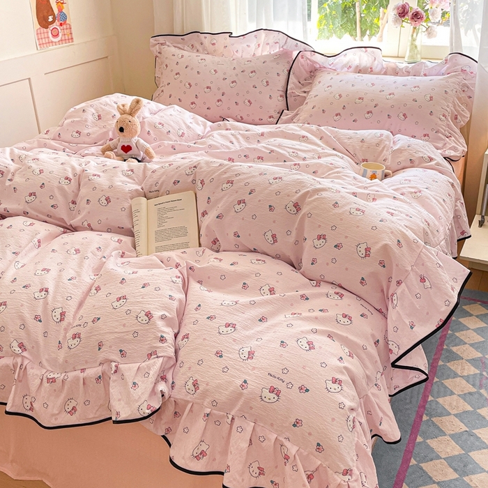 91家纺网 家纺一手货源 找家纺 海岛哥哥 2025新款韩式ins风黑边花边木棉双层纱四件套（有买家秀） 黑花边-粉樱凯蒂