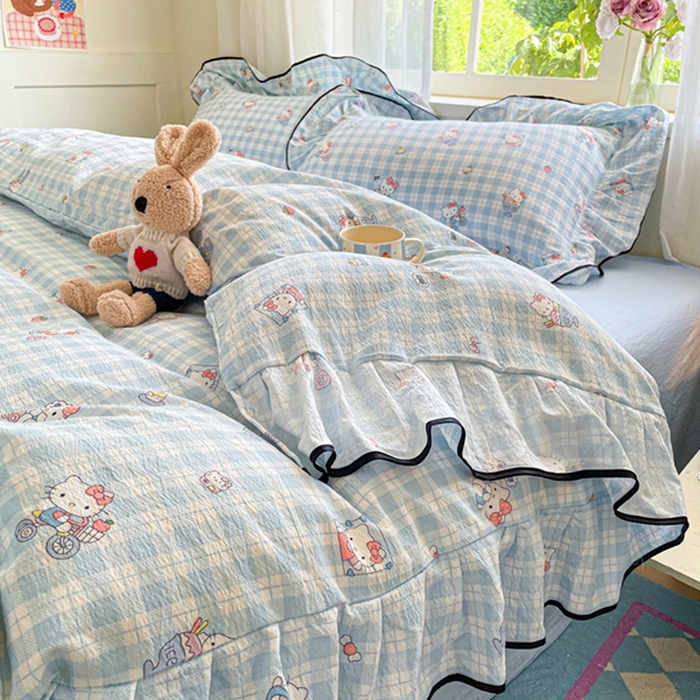 91家纺网 家纺一手货源 找家纺 海岛哥哥 2025新款韩式ins风黑边花边木棉双层纱四件套（有买家秀） 黑花边-甜蜜电话-蓝