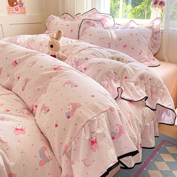 91家纺网 家纺一手货源 找家纺 海岛哥哥 2025新款韩式ins风黑边花边木棉双层纱四件套（有买家秀） 黑花边-顽皮乐乐