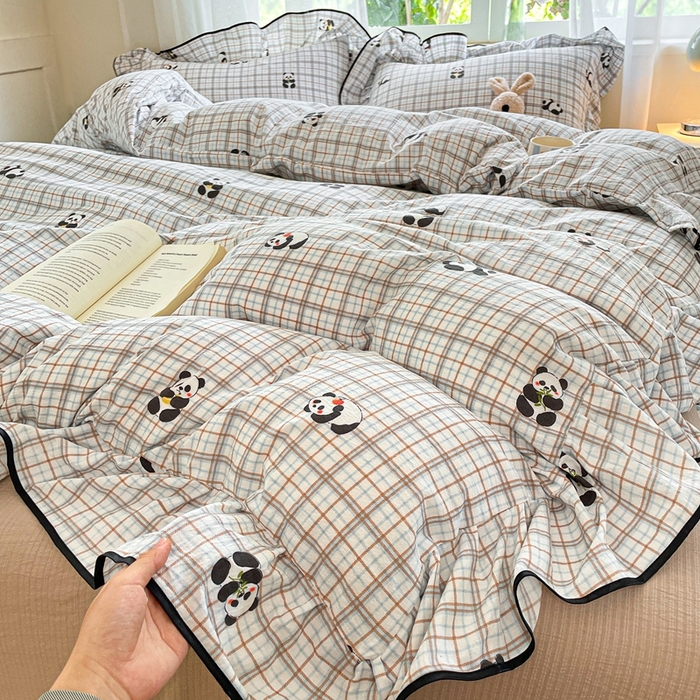 91家纺网 家纺一手货源 找家纺 海岛哥哥 2025新款韩式ins风黑边花边木棉双层纱四件套（有买家秀） 黑花边-熊猫哒哒