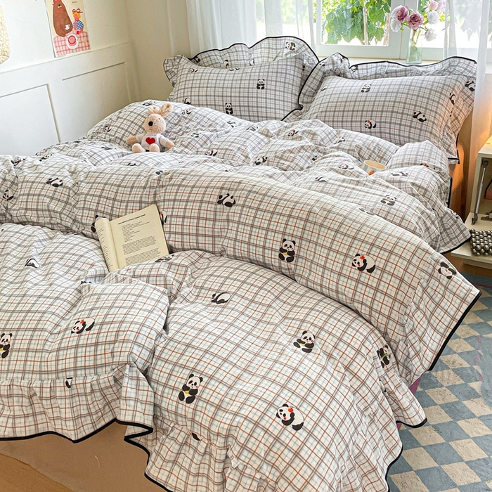 91家纺网 家纺一手货源 找家纺 海岛哥哥 2025新款韩式ins风黑边花边木棉双层纱四件套（有买家秀） 黑花边-熊猫哒哒