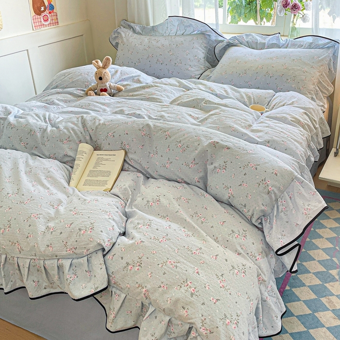 91家纺网 家纺一手货源 找家纺 海岛哥哥 2025新款韩式ins风黑边花边木棉双层纱四件套（有买家秀） 黑花边-豆蔻