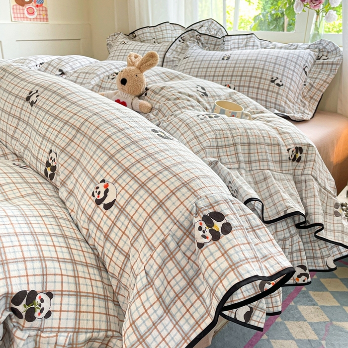 91家纺网 家纺一手货源 找家纺 海岛哥哥 2025新款韩式ins风黑边花边木棉双层纱四件套（有买家秀） 黑花边-熊猫哒哒