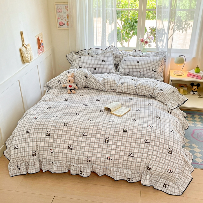 91家纺网 家纺一手货源 找家纺 海岛哥哥 2025新款韩式ins风黑边花边木棉双层纱四件套（有买家秀） 黑花边-熊猫哒哒