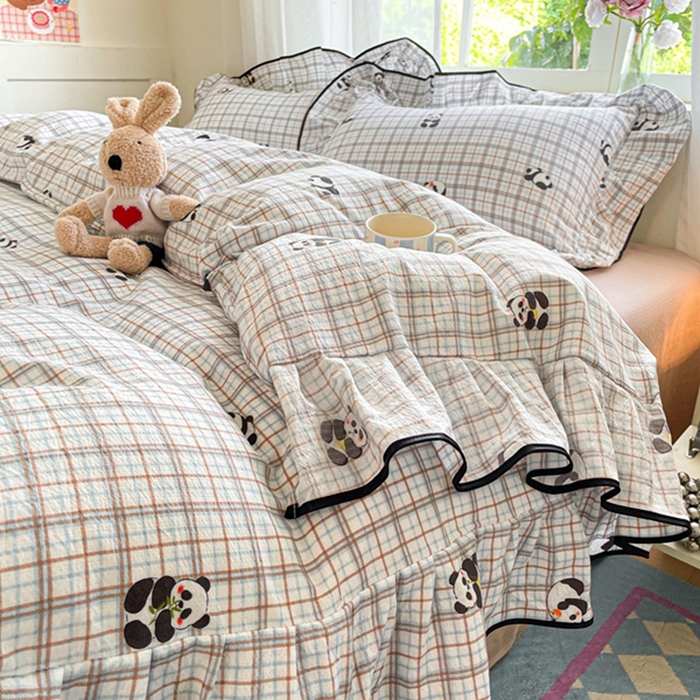 91家纺网 家纺一手货源 找家纺 海岛哥哥 2025新款韩式ins风黑边花边木棉双层纱四件套（有买家秀） 黑花边-熊猫哒哒