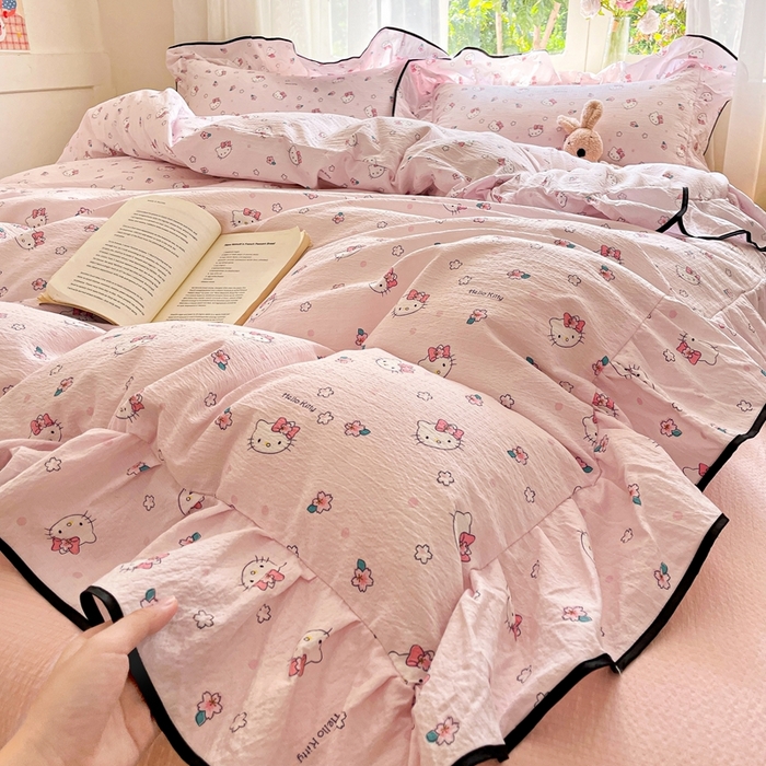 91家纺网 家纺一手货源 找家纺 海岛哥哥 2025新款韩式ins风黑边花边木棉双层纱四件套（有买家秀） 黑花边-粉樱凯蒂