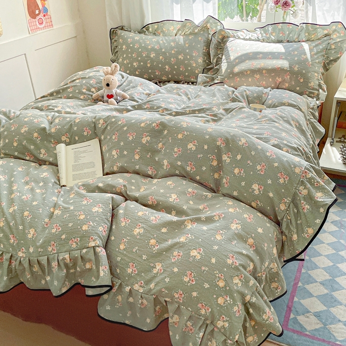 91家纺网 家纺一手货源 找家纺 海岛哥哥 2025新款韩式ins风黑边花边木棉双层纱四件套（有买家秀） 黑花边-玫瑰花海-墨绿