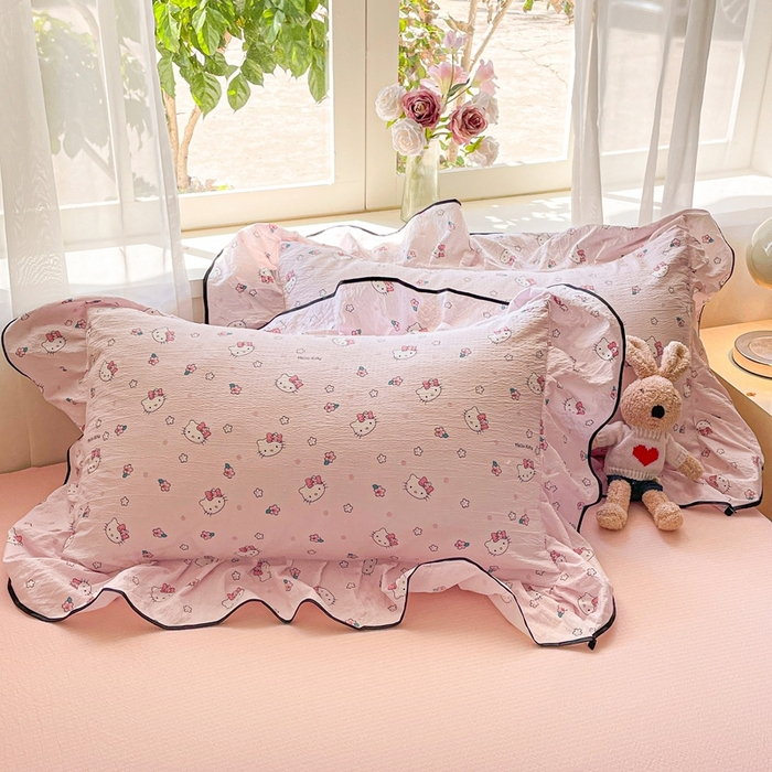 91家纺网 家纺一手货源 找家纺 海岛哥哥 2025新款韩式ins风黑边花边木棉双层纱四件套（有买家秀） 黑花边-粉樱凯蒂