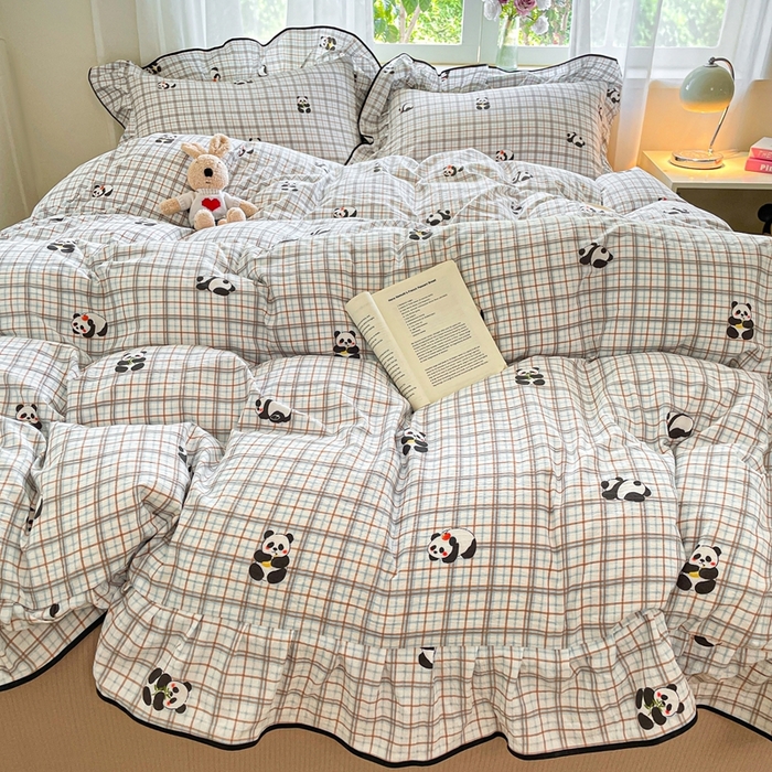 91家纺网 家纺一手货源 找家纺 海岛哥哥 2025新款韩式ins风黑边花边木棉双层纱四件套（有买家秀） 黑花边-熊猫哒哒