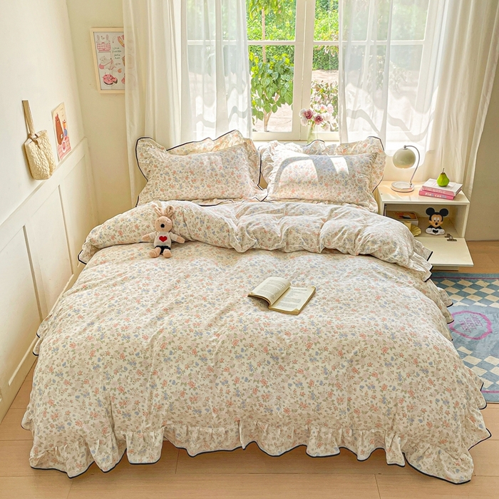 91家纺网 家纺一手货源 找家纺 海岛哥哥 2025新款韩式ins风黑边花边木棉双层纱四件套（有买家秀） 黑花边-芍药-米