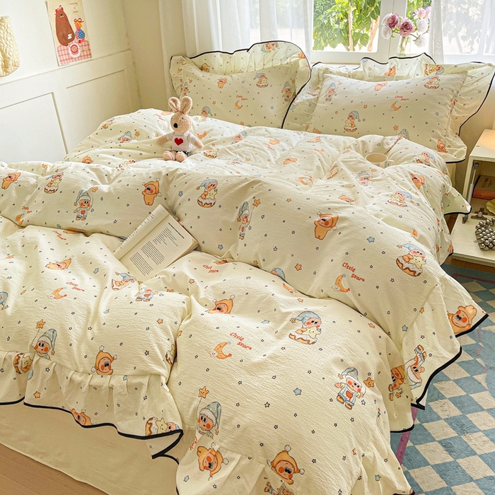 91家纺网 家纺一手货源 找家纺 海岛哥哥 2025新款韩式ins风黑边花边木棉双层纱四件套（有买家秀） 黑花边-萌萌星星人-黄