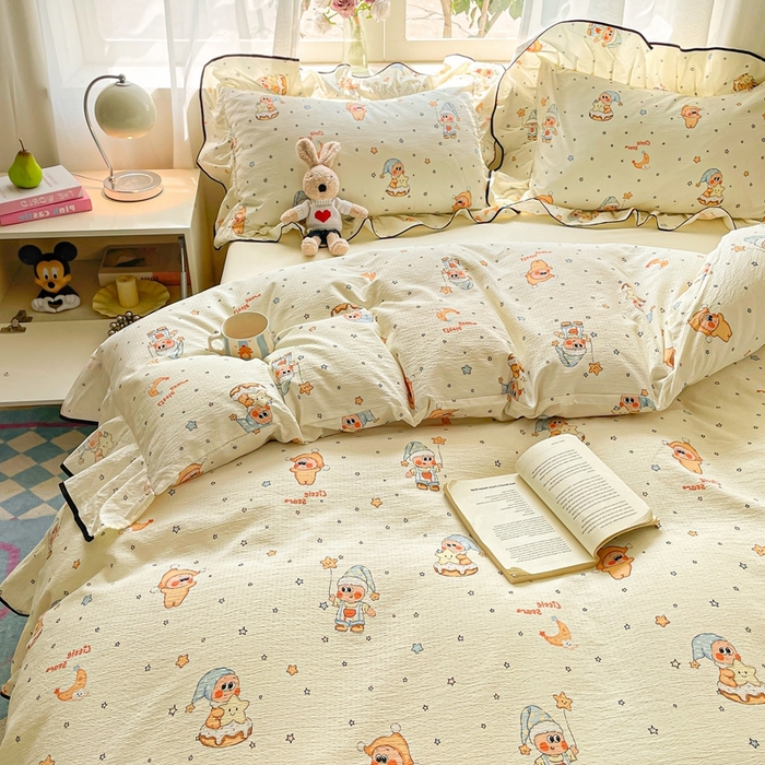 91家纺网 家纺一手货源 找家纺 海岛哥哥 2025新款韩式ins风黑边花边木棉双层纱四件套（有买家秀） 黑花边-萌萌星星人-黄