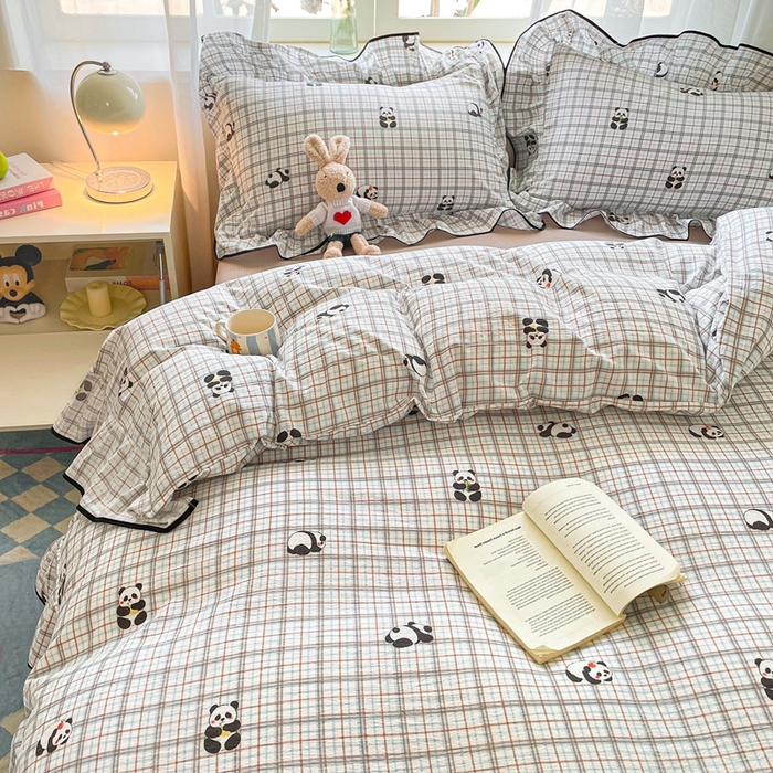 91家纺网 家纺一手货源 找家纺 海岛哥哥 2025新款韩式ins风黑边花边木棉双层纱四件套（有买家秀） 黑花边-熊猫哒哒