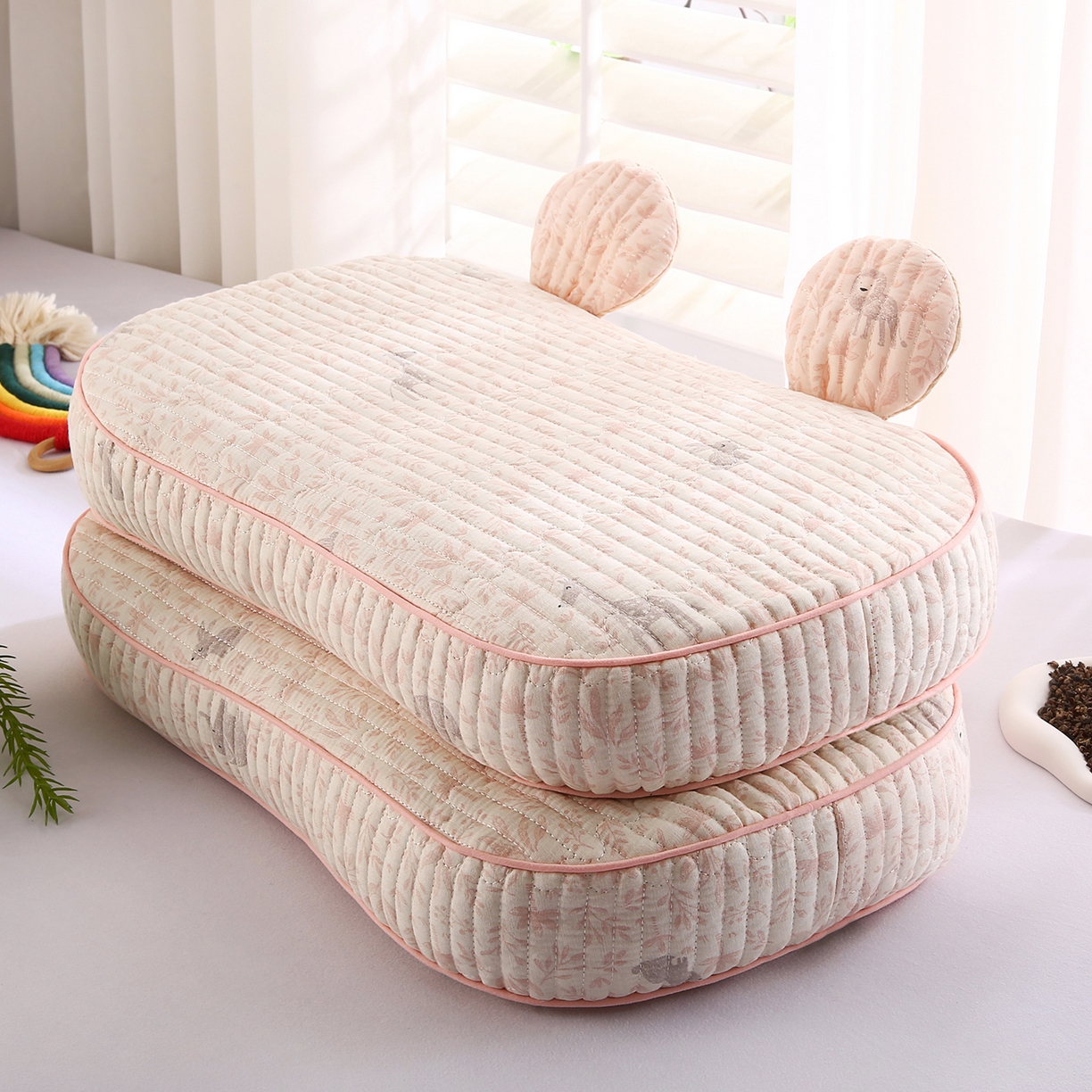 梵希良品家纺 2025新款米奇耳朵全棉双层纱枕头枕芯可拆洗可替换内胆荞麦壳枕头枕芯 灵鹿粉