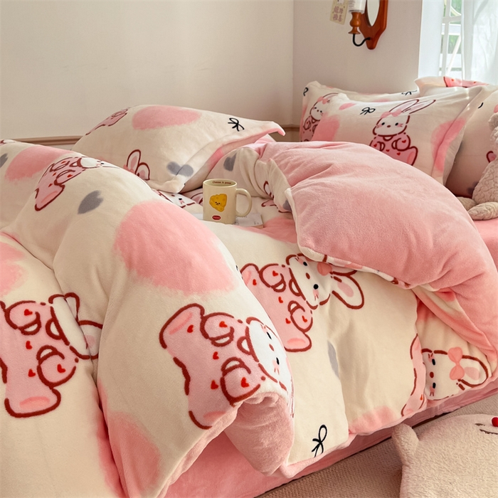 91家纺网 家纺一手货源 找家纺 寻米 2025新款高克重加厚保暖牛奶绒四件套-第二批 好眠兔兔