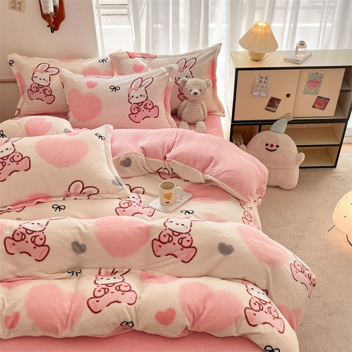 91家纺网 家纺一手货源 找家纺 寻米 2025新款高克重加厚保暖牛奶绒四件套-第二批 好眠兔兔