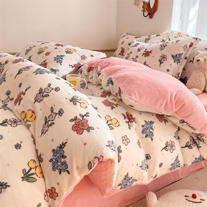 91家纺网 家纺一手货源 找家纺 寻米 2025新款高克重加厚保暖牛奶绒四件套-第二批 花田结语-粉