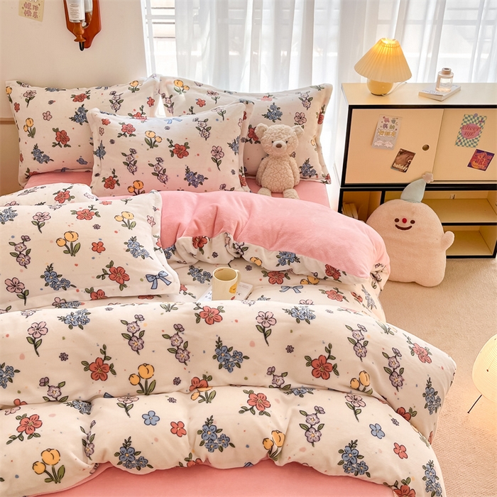 91家纺网 家纺一手货源 找家纺 寻米 2025新款高克重加厚保暖牛奶绒四件套-第二批 花田结语-粉