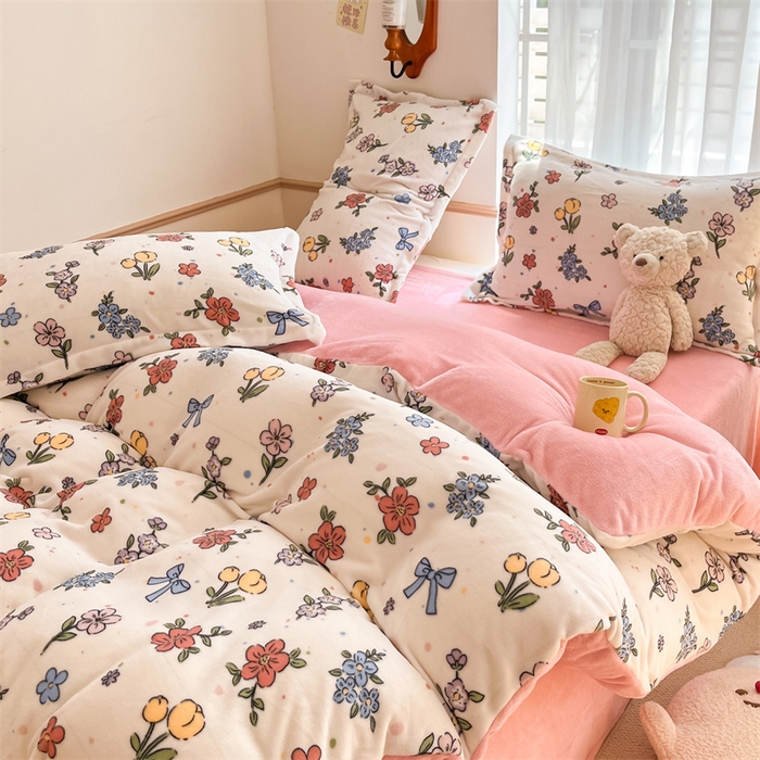 91家纺网 家纺一手货源 找家纺 寻米 2025新款高克重加厚保暖牛奶绒四件套-第二批 花田结语-粉