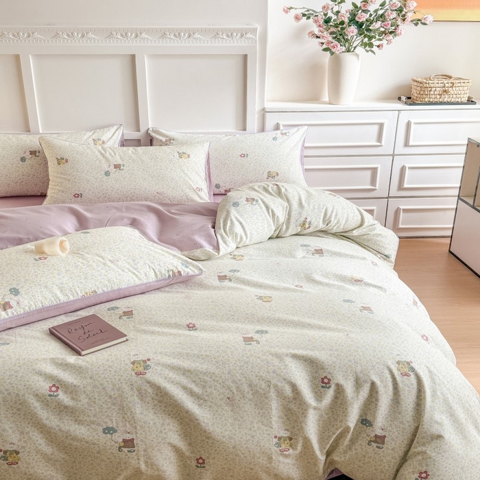 91家纺网 家纺一手货源 找家纺 梵克保罗 2025秋冬新款全棉印花嵌绳款小清新系列四件套 兔斯基