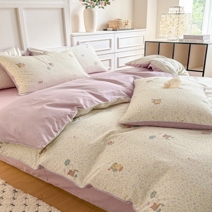 91家纺网 家纺一手货源 找家纺 梵克保罗 2025秋冬新款全棉印花嵌绳款小清新系列四件套 兔斯基