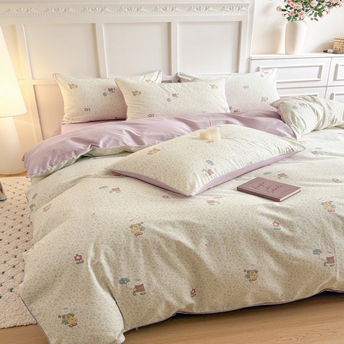 91家纺网 家纺一手货源 找家纺 梵克保罗 2025秋冬新款全棉印花嵌绳款小清新系列四件套 兔斯基