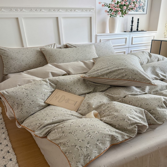 91家纺网 家纺一手货源 找家纺 梵克保罗 2025秋冬新款全棉印花嵌绳款小清新系列四件套 摩卡