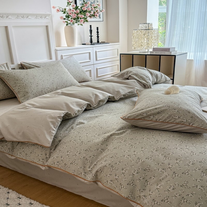 91家纺网 家纺一手货源 找家纺 梵克保罗 2025秋冬新款全棉印花嵌绳款小清新系列四件套 摩卡