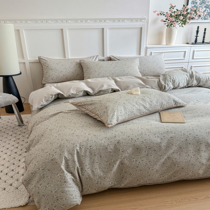 91家纺网 家纺一手货源 找家纺 梵克保罗 2025秋冬新款全棉印花嵌绳款小清新系列四件套 摩卡