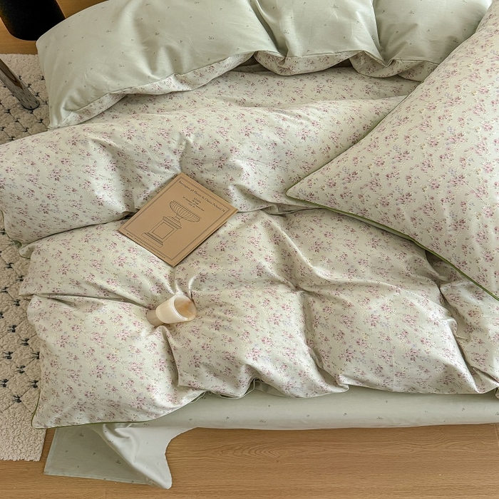 91家纺网 家纺一手货源 找家纺 梵克保罗 2025秋冬新款全棉印花嵌绳款小清新系列四件套 夏花-绿