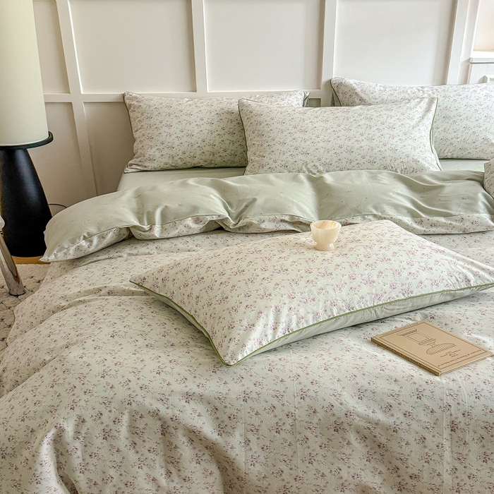 91家纺网 家纺一手货源 找家纺 梵克保罗 2025秋冬新款全棉印花嵌绳款小清新系列四件套 夏花-绿