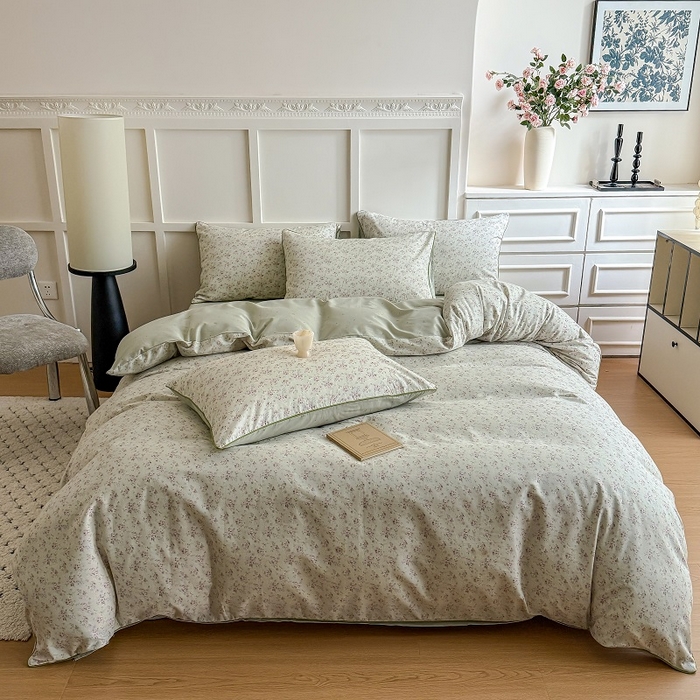 梵克保罗 2025秋冬新款全棉印花嵌绳款小清新系列四件套 夏花-绿