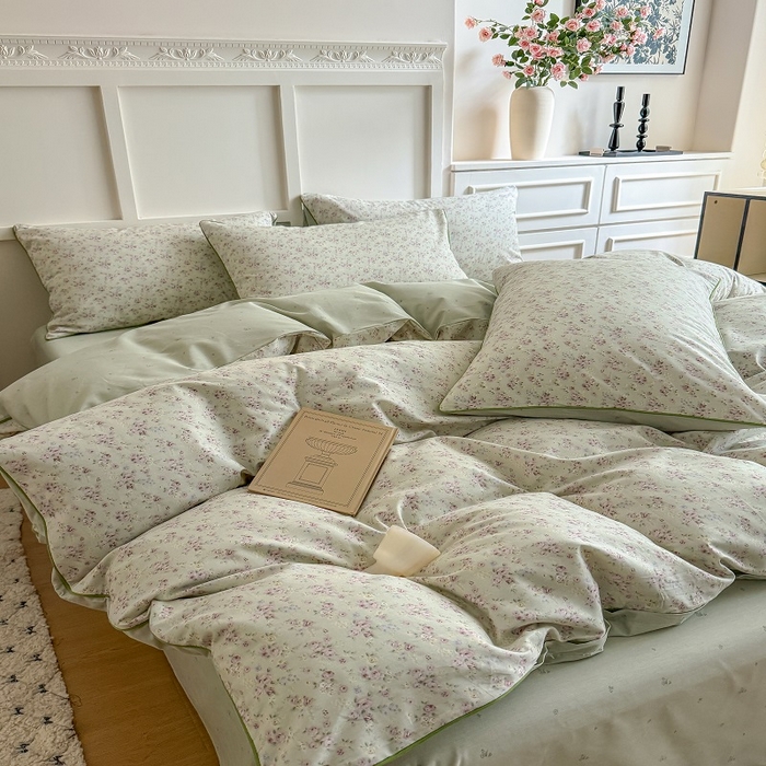 91家纺网 家纺一手货源 找家纺 梵克保罗 2025秋冬新款全棉印花嵌绳款小清新系列四件套 夏花-绿