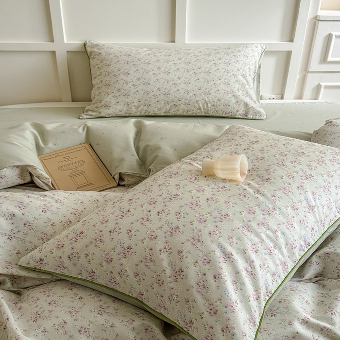 91家纺网 家纺一手货源 找家纺 梵克保罗 2025秋冬新款全棉印花嵌绳款小清新系列四件套 夏花-绿