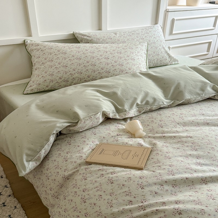 91家纺网 家纺一手货源 找家纺 梵克保罗 2025秋冬新款全棉印花嵌绳款小清新系列四件套 夏花-绿