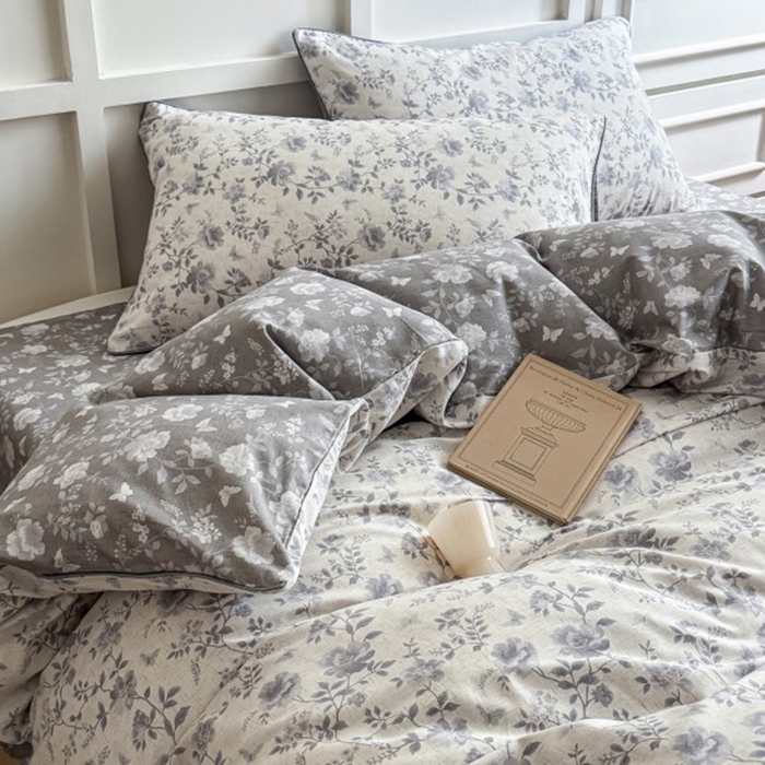 91家纺网 家纺一手货源 找家纺 梵克保罗 2025秋冬新款全棉印花嵌绳款小清新系列四件套 野山居-灰