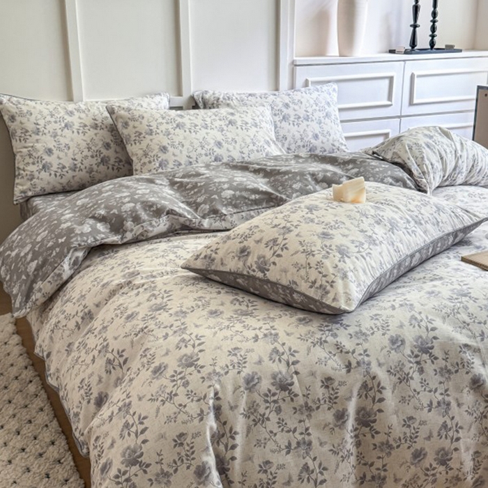 91家纺网 家纺一手货源 找家纺 梵克保罗 2025秋冬新款全棉印花嵌绳款小清新系列四件套 野山居-灰