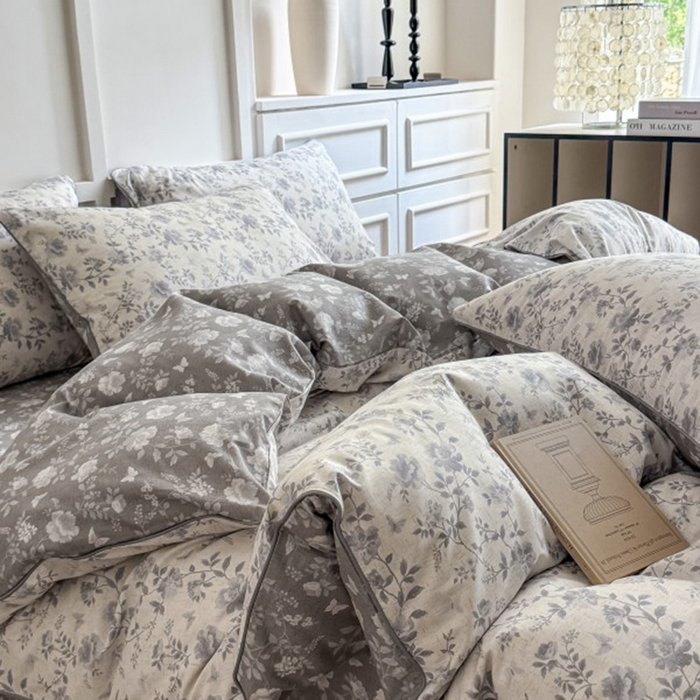 91家纺网 家纺一手货源 找家纺 梵克保罗 2025秋冬新款全棉印花嵌绳款小清新系列四件套 野山居-灰