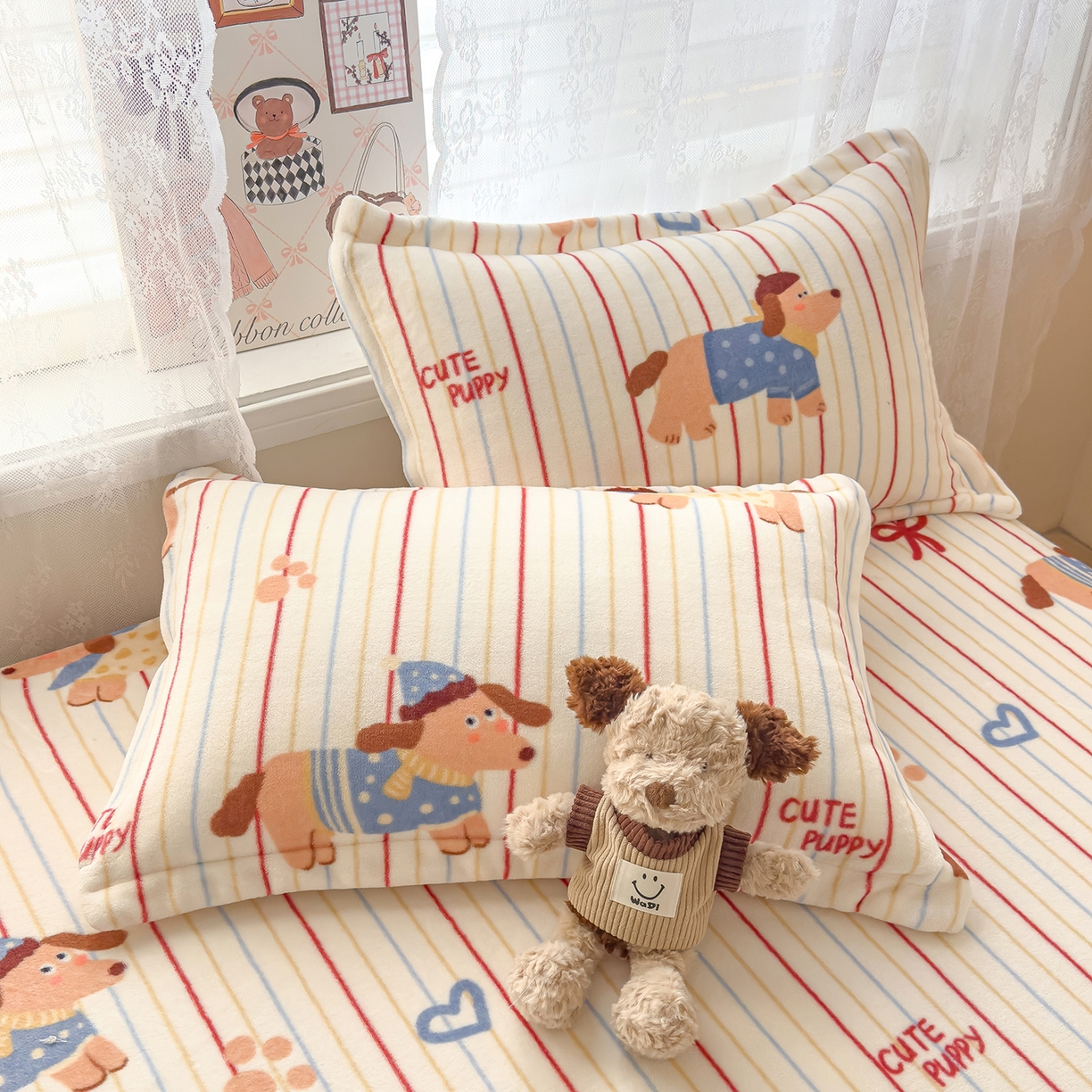 91家纺网 家纺一手货源 找家纺 久云居 2025新款高克重牛奶绒床笠 萌犬派对