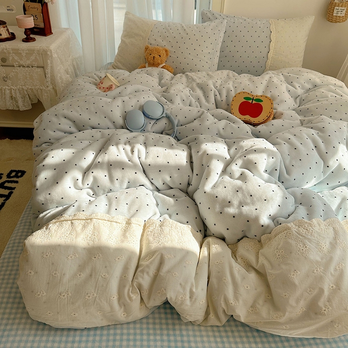 91家纺网 家纺一手货源 找家纺 瑞莱 2025年秋冬新款全棉花边牛奶绒四件套 全棉花边-可可蓝