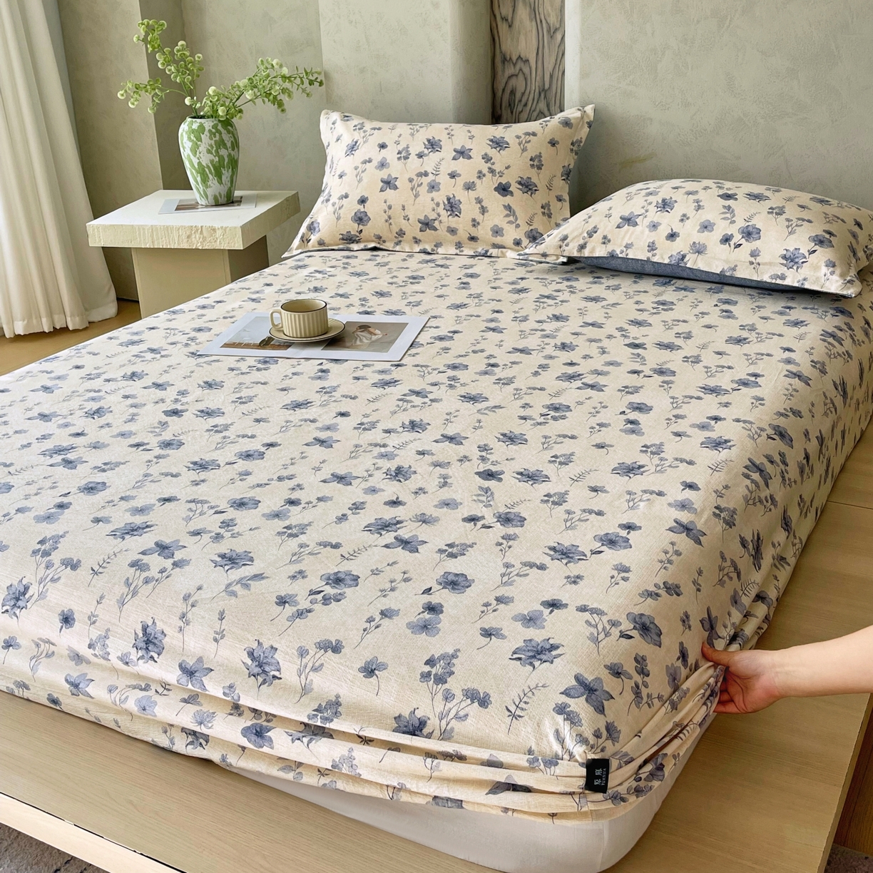 91家纺网 家纺一手货源 找家纺 梵克保罗 2025秋冬新款10A抗菌原麻床笠套件跨境外贸 水墨江南