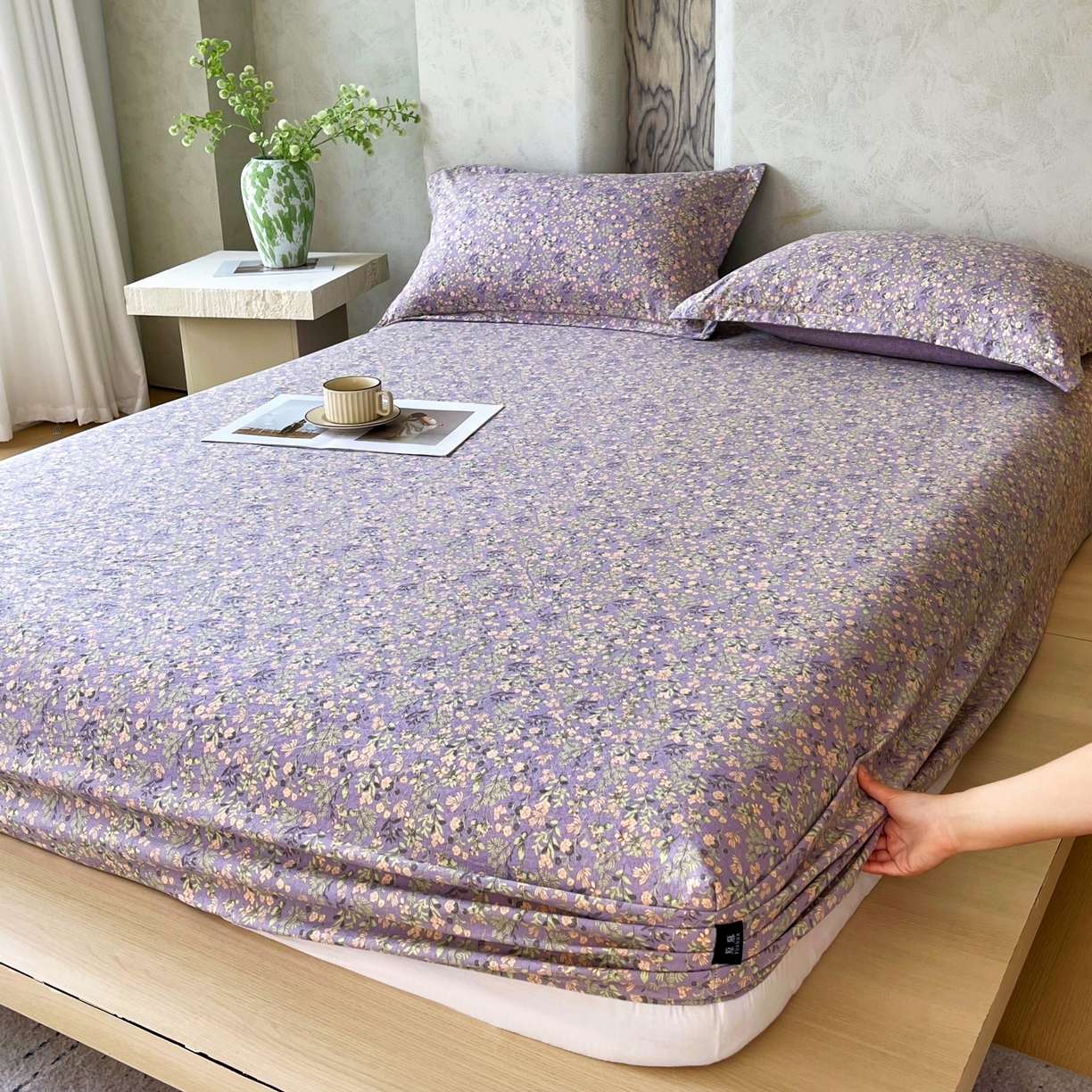 91家纺网 家纺一手货源 找家纺 梵克保罗 2025秋冬新款10A抗菌原麻床笠套件跨境外贸 甜蜜紫园