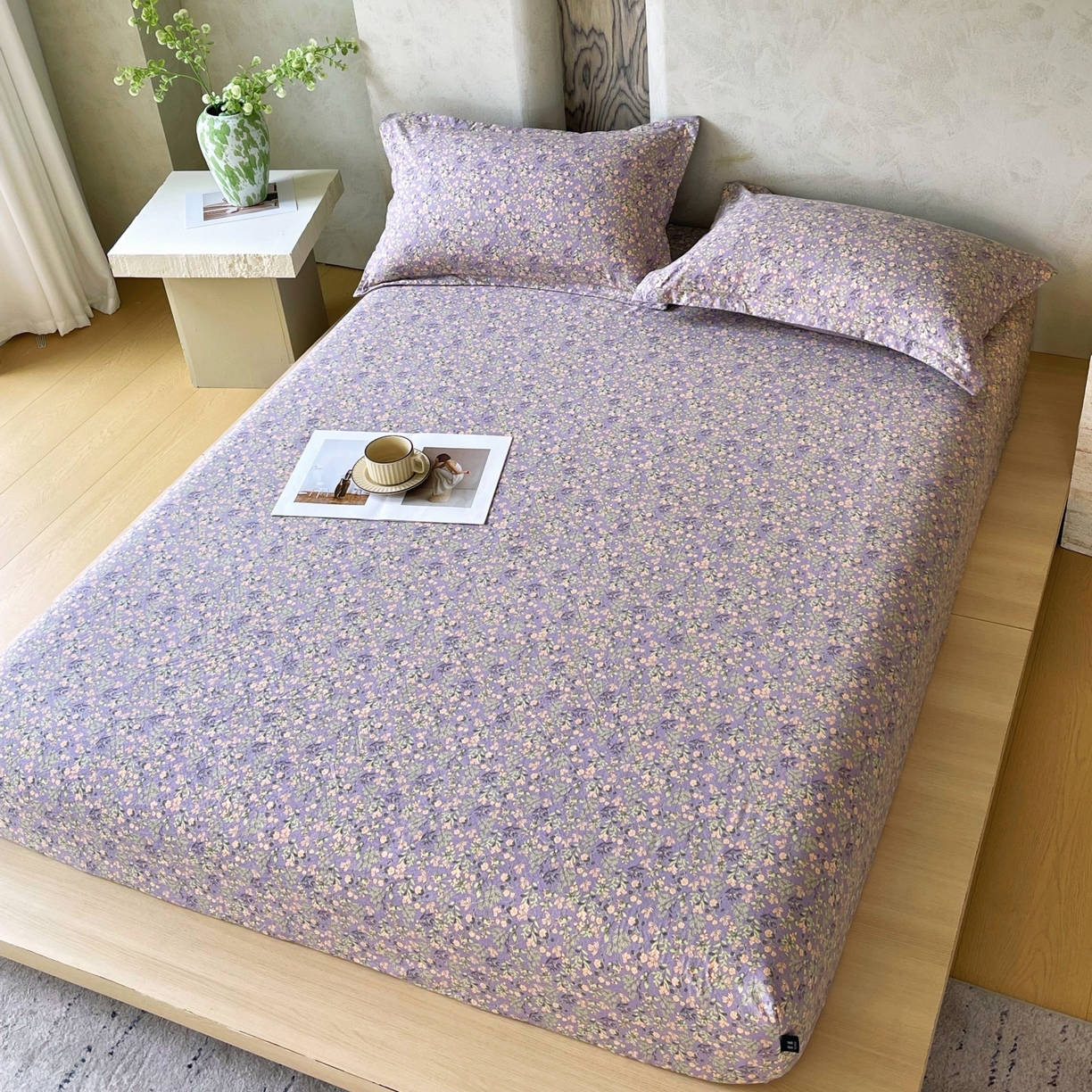 91家纺网 家纺一手货源 找家纺 梵克保罗 2025秋冬新款10A抗菌原麻床笠套件跨境外贸 甜蜜紫园