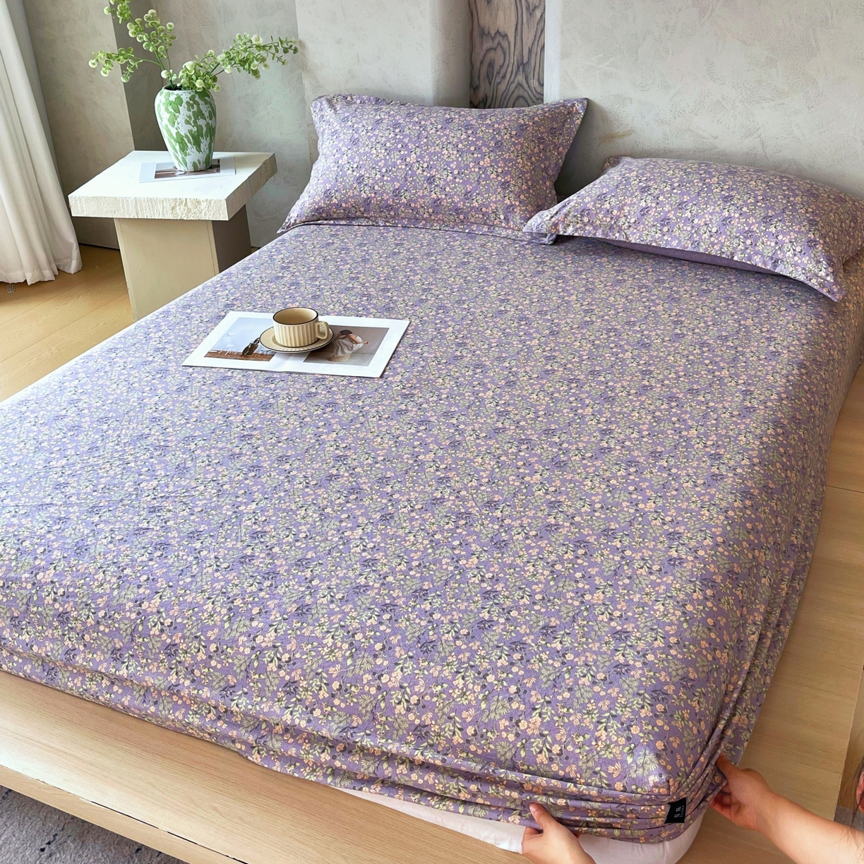 91家纺网 家纺一手货源 找家纺 梵克保罗 2025秋冬新款10A抗菌原麻床笠套件跨境外贸 甜蜜紫园