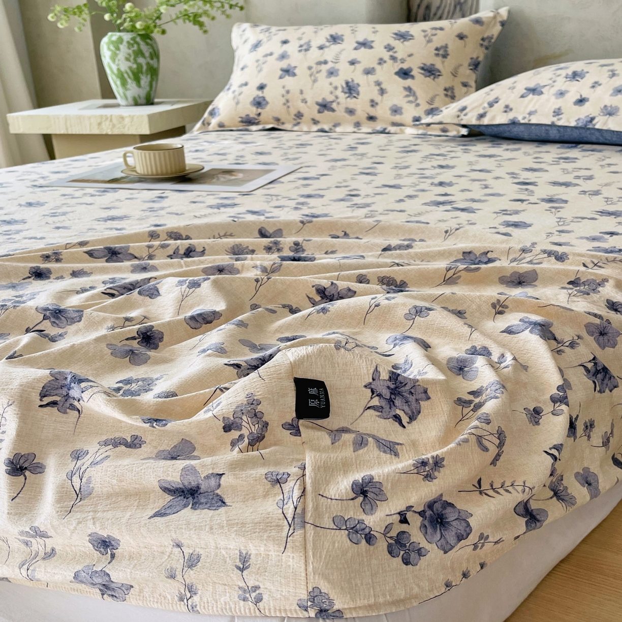 91家纺网 家纺一手货源 找家纺 梵克保罗 2025秋冬新款10A抗菌原麻床笠套件跨境外贸 水墨江南