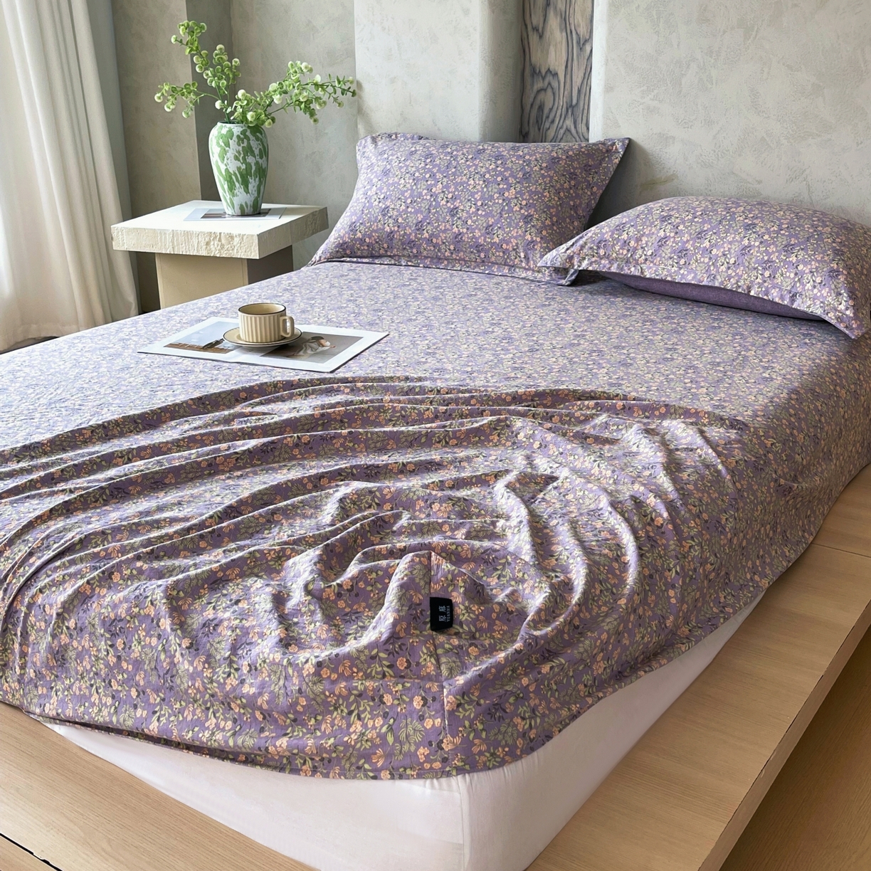 91家纺网 家纺一手货源 找家纺 梵克保罗 2025秋冬新款10A抗菌原麻床笠套件跨境外贸 甜蜜紫园