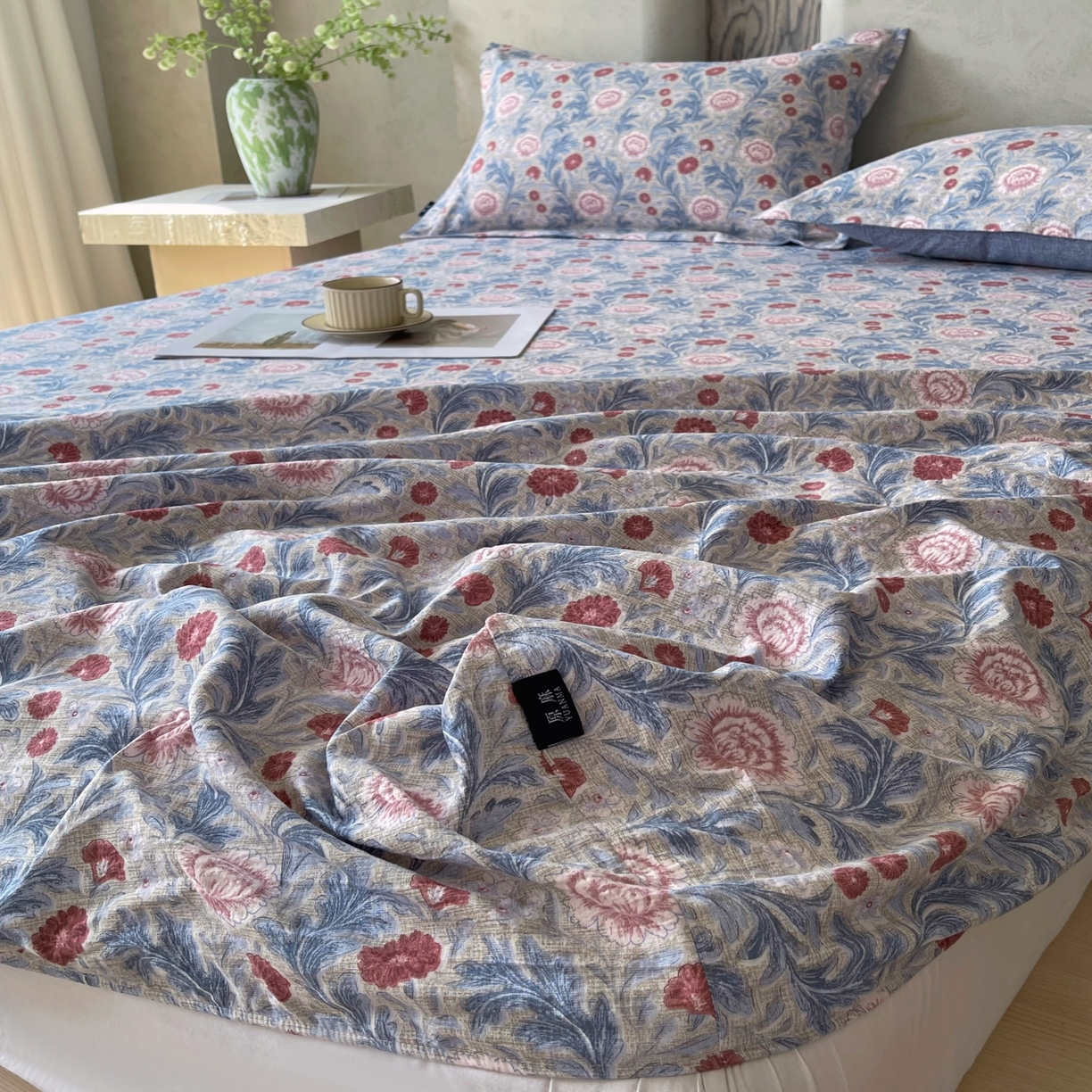 91家纺网 家纺一手货源 找家纺 梵克保罗 2025秋冬新款10A抗菌原麻床笠套件跨境外贸 繁华似锦