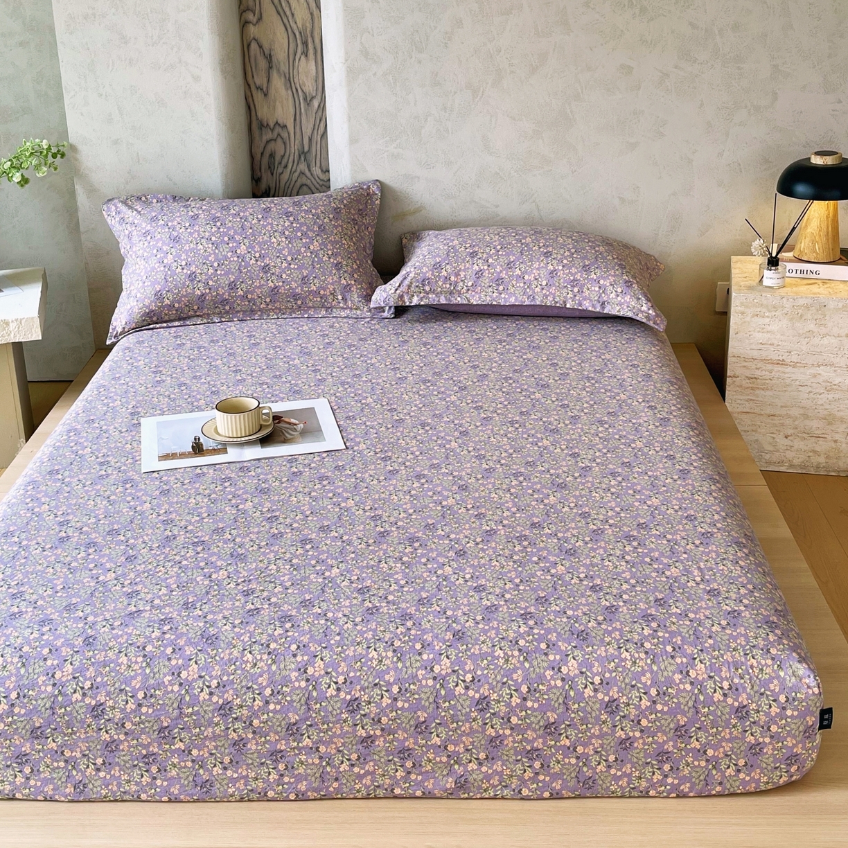 91家纺网 家纺一手货源 找家纺 梵克保罗 2025秋冬新款10A抗菌原麻床笠套件跨境外贸 甜蜜紫园