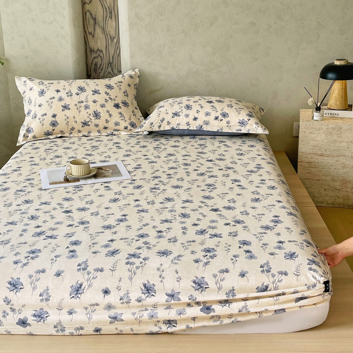 91家纺网 家纺一手货源 找家纺 梵克保罗 2025秋冬新款10A抗菌原麻床笠套件跨境外贸 水墨江南